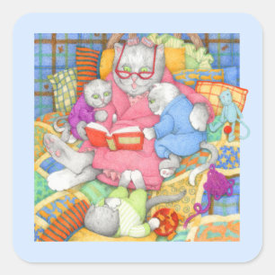 BEDTIME STORY Small Square Stickers - Blue