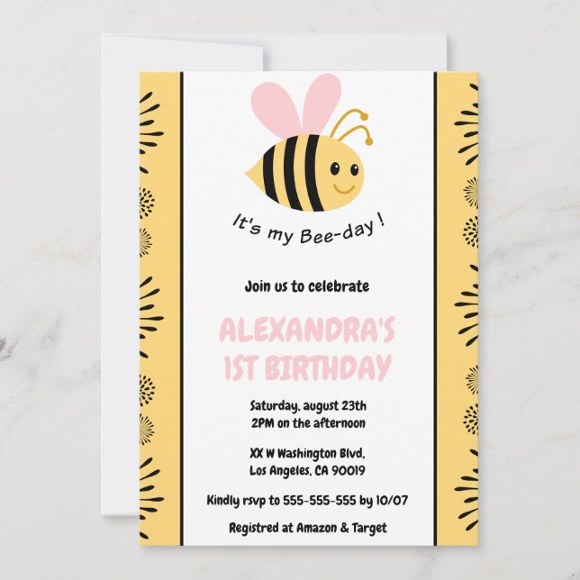 Bee 1st birthday invitations Cute Modern  (Front)
