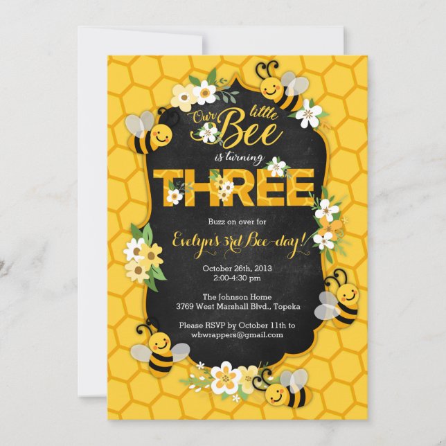 Bee 3rd Birthday Party Invitation - Bee Birthday (Front)
