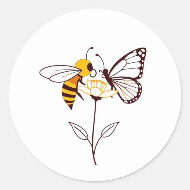 Bee and Butterfly on Flower | Nature-Inspired Stic Classic Round Sticker (Front)