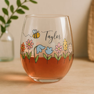 Bee and Colourful Flowers Personalised Gift Stemless Wine Glass