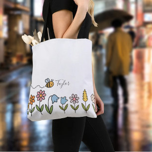 Bee and Colourful Flowers Personalised Gift Tote Bag