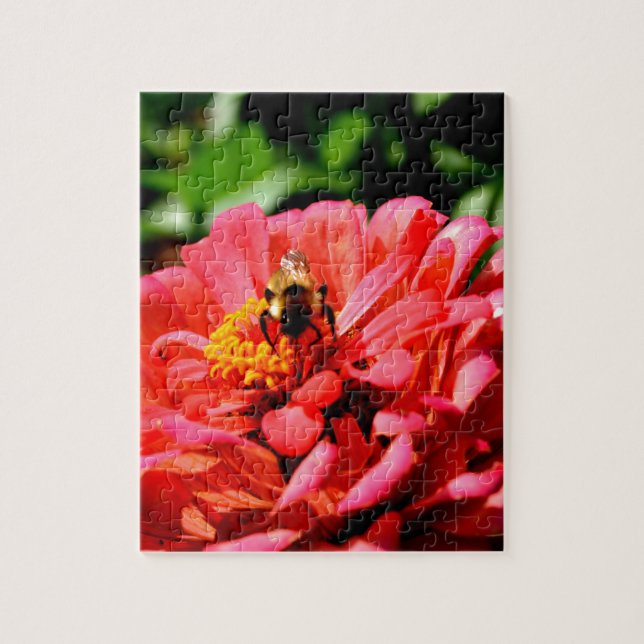 Bee and coral zinnia jigsaw puzzle (Vertical)