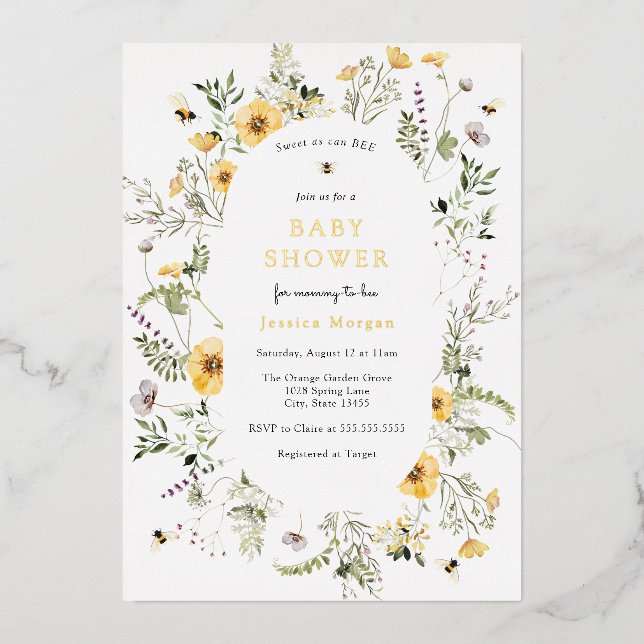 Bee and Delicate Wildflower Baby Shower Invitation (Front)