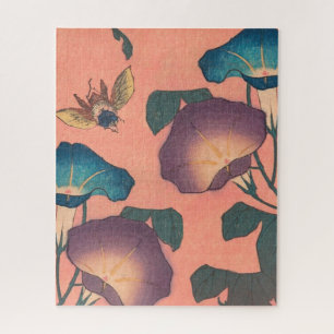 Bee and Flower Japanese Art Pink Floral Jigsaw Puzzle