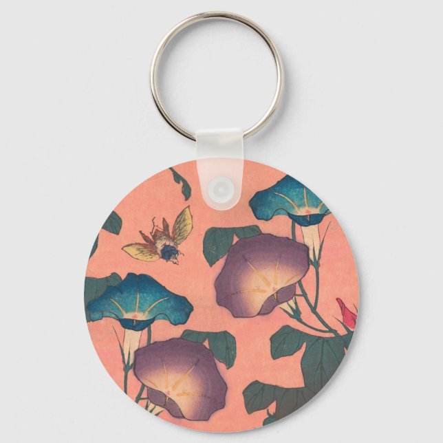Bee and Flower Japanese Art Pink Floral Key Ring (Front)