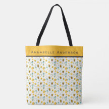 Bee and Flower Pattern Personalise Tote Bag