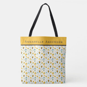Bee and Flower Pattern Personalise Tote Bag