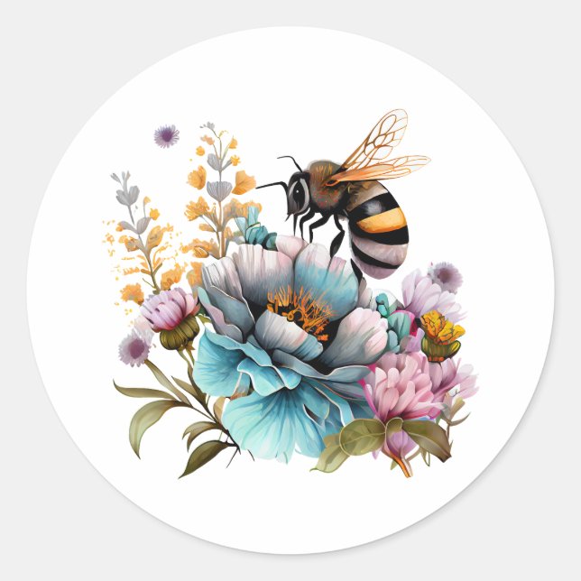 Bee and Flowers Classic Round Sticker (Front)