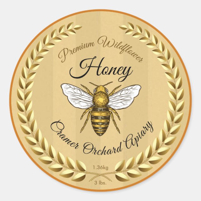 Bee and Garland Amber Honey Classic Round Sticker (Front)