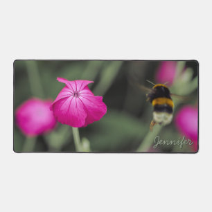 Bee And Pink Flower Nature Photo With Name Desk Mat