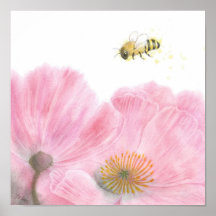 Bee and Pink Flowers Coloured Pencil Nursery Art 