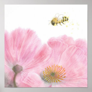Bee and Pink Flowers Coloured Pencil Nursery Art  Poster