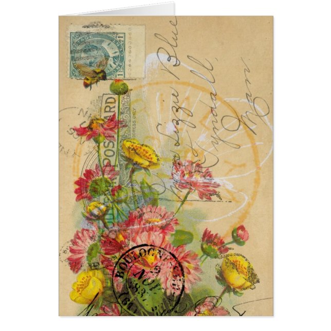 Bee and Pink Flowers Faux Postcard Digital Art (Front)
