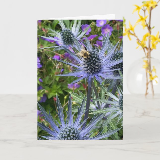 Bee and Purple Wild Flowers Photo Thank You Card (Yellow Flower)