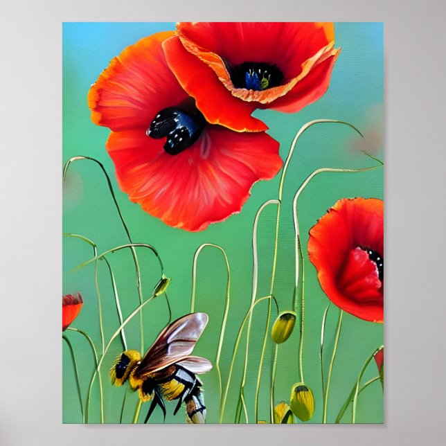 Bee and Red Poppies  Poster (Front)