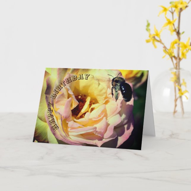 Bee And Rose Flower Birthday  Card (Yellow Flower)