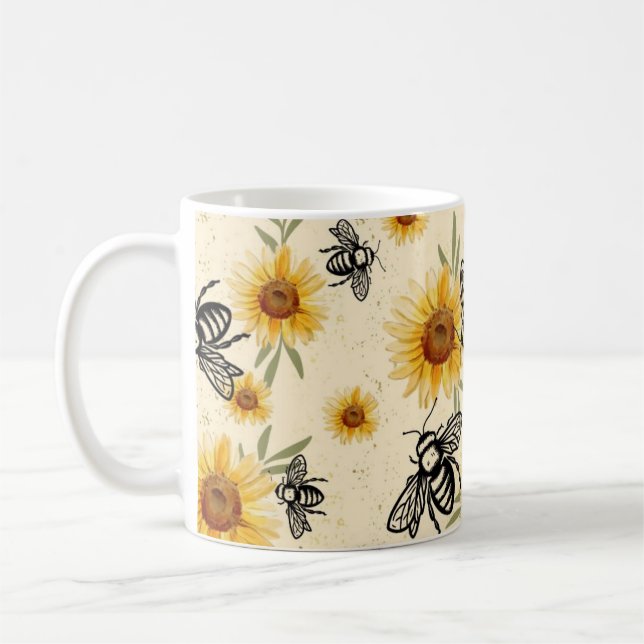 Bee and Sunflower Vanilla Coffee Mug (Left)