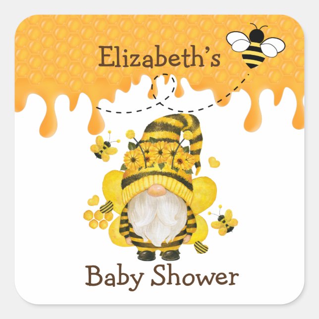Bee and Sunflowers Gnome Baby Shower  Square Sticker (Front)