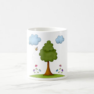 Bee and Tree Nature Scene with Flowers and Clouds Coffee Mug