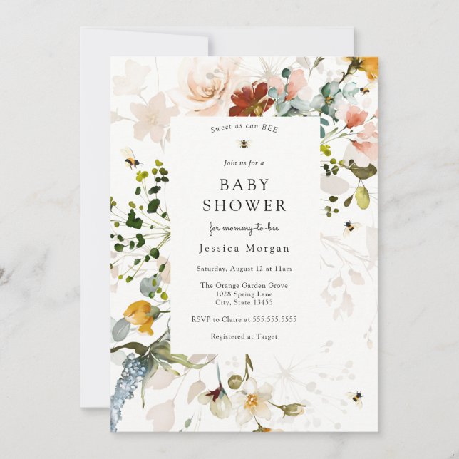 Bee and  Vintage Floral Baby Shower Invitation (Front)
