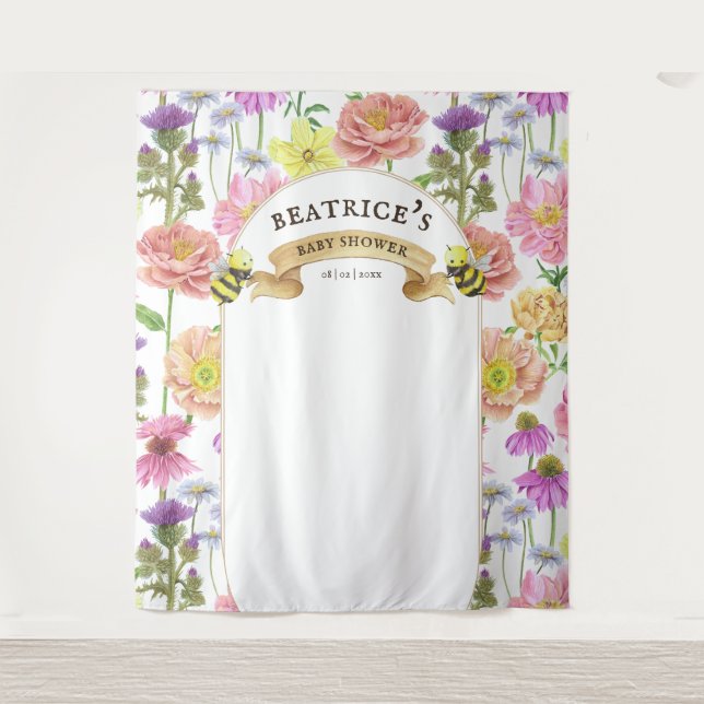 Bee and Wildflower Baby Shower Photo Backdrop Tapestry (Front)
