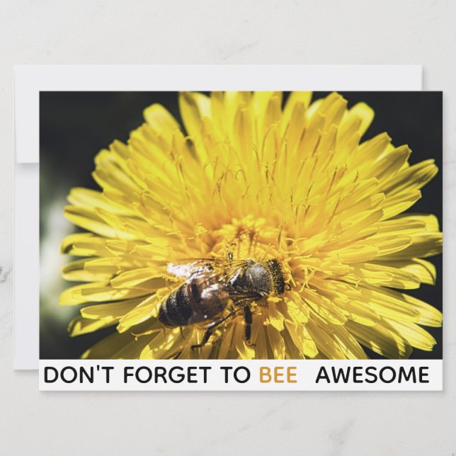 Bee awesome inspirational bee on yellow dandelion card (Front)