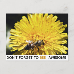 Bee awesome inspirational bee on yellow dandelion postcard