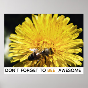 Bee awesome inspirational bee on yellow dandelion poster