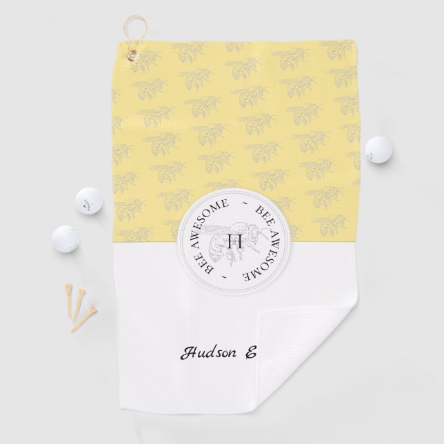 Bee Awesome Silver Honey Bee Personalised Monogram Golf Towel (InSitu)