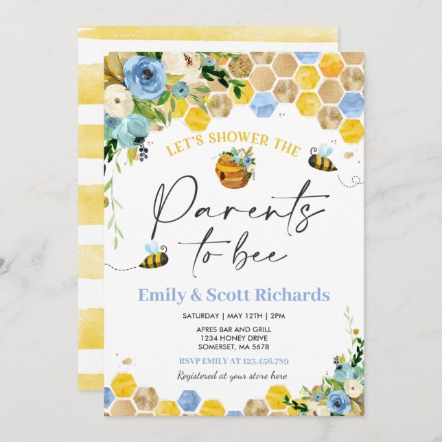 Bee Baby Shower Blue Floral Parents To Bee Baby Invitation (Front/Back)