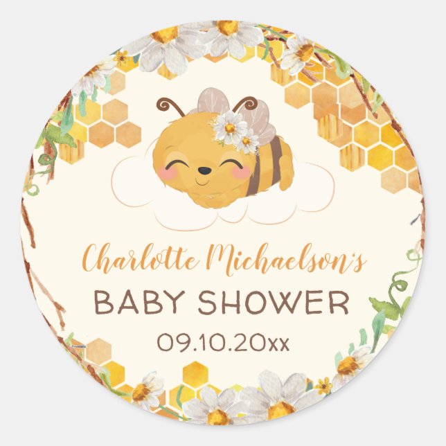 Bee Baby Shower Floral Honeycomb Classic Round Sti Classic Round Sticker (Front)