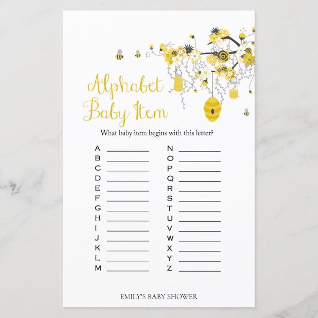 Bee Baby Shower Game - ABC baby item game (Front)