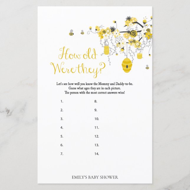 Bee Baby Shower Game - How Old Were They (Front)