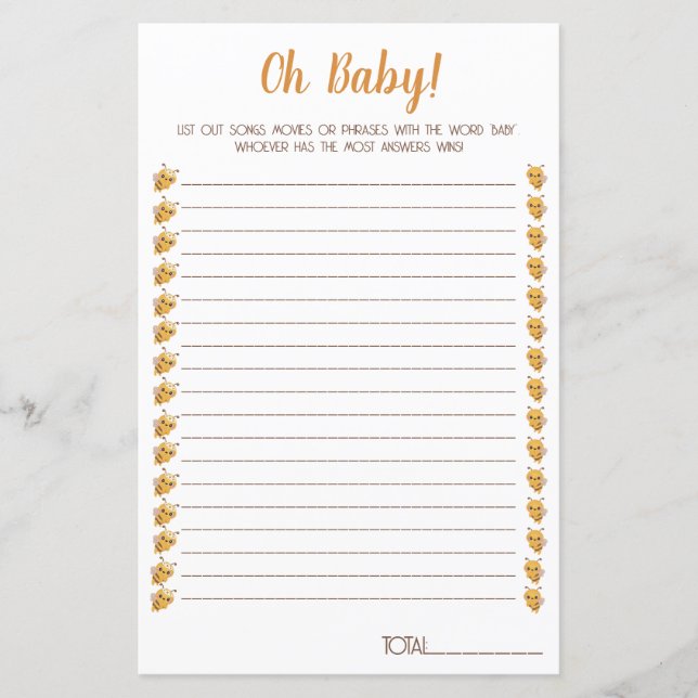 Bee Baby Shower Game. Movies, songs, phrases. (Front)