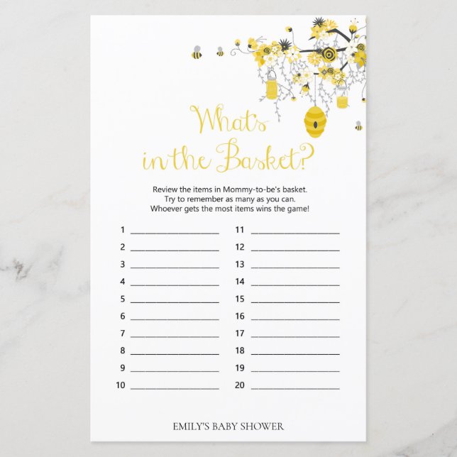 Bee Baby Shower Game - What's in the Basket Game (Front)