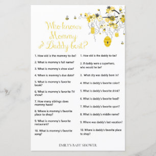 Bee Baby Shower Game - Who knows dad & Mum