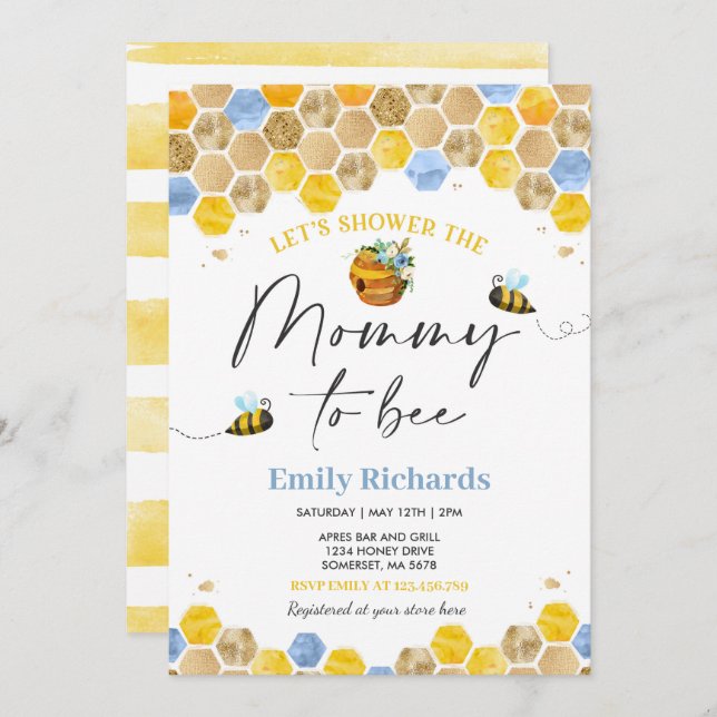 Bee Baby Shower Invitation Blue Mummy To Bee (Front/Back)