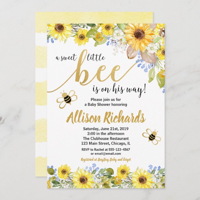 Bee baby shower invitation boy yellow bumblebee (Front/Back)