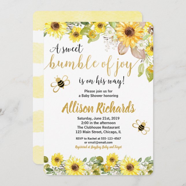 Bee baby shower invitation boy yellow bumblebee (Front/Back)