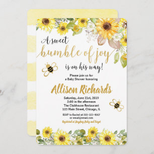 Bee baby shower invitation boy yellow bumblebee