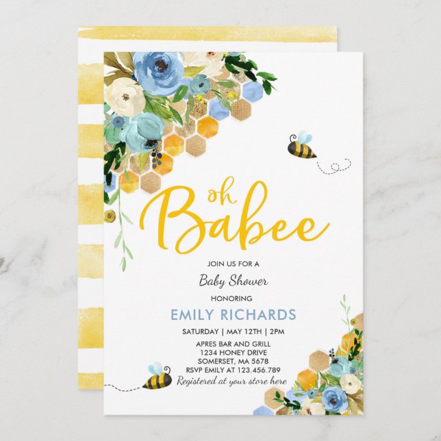 Bee Baby Shower Invitation Floral Babee Shower (Front/Back)