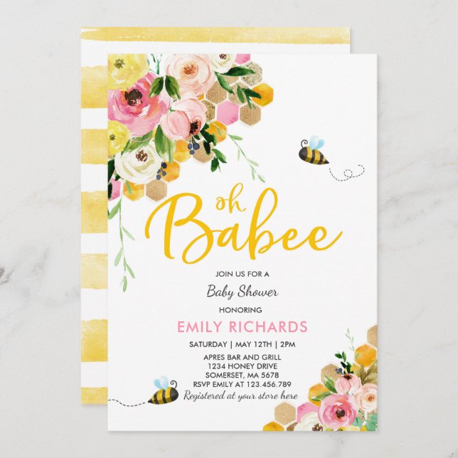 Bee Baby Shower Invitation Floral Babee Shower (Front/Back)