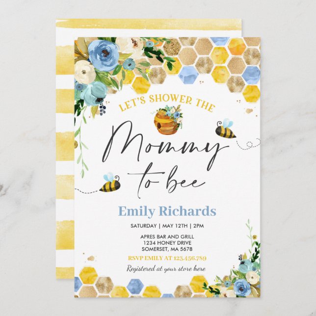 Bee Baby Shower Invitation Floral Mummy To Bee (Front/Back)