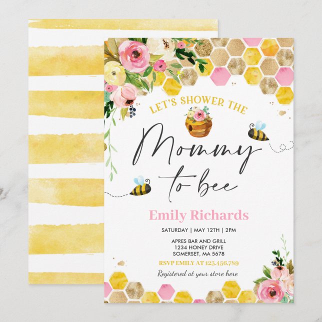 Bee Baby Shower Invitation Floral Mummy To Bee (Front/Back)