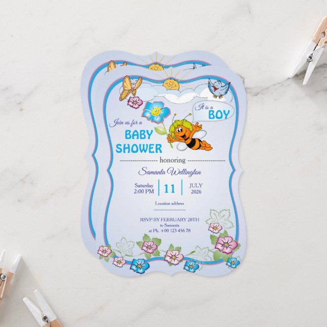 Bee Baby Shower Invitation for boy (Front/Back In Situ)