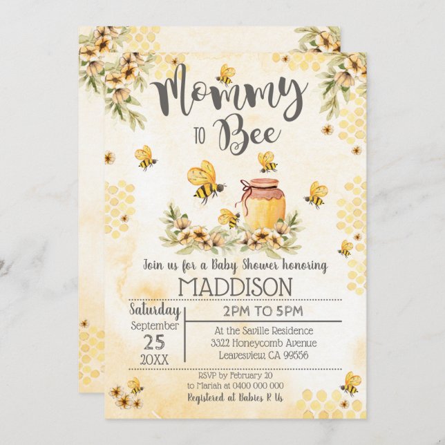 Bee Baby Shower Invitation Mommy to Bee (Front/Back)