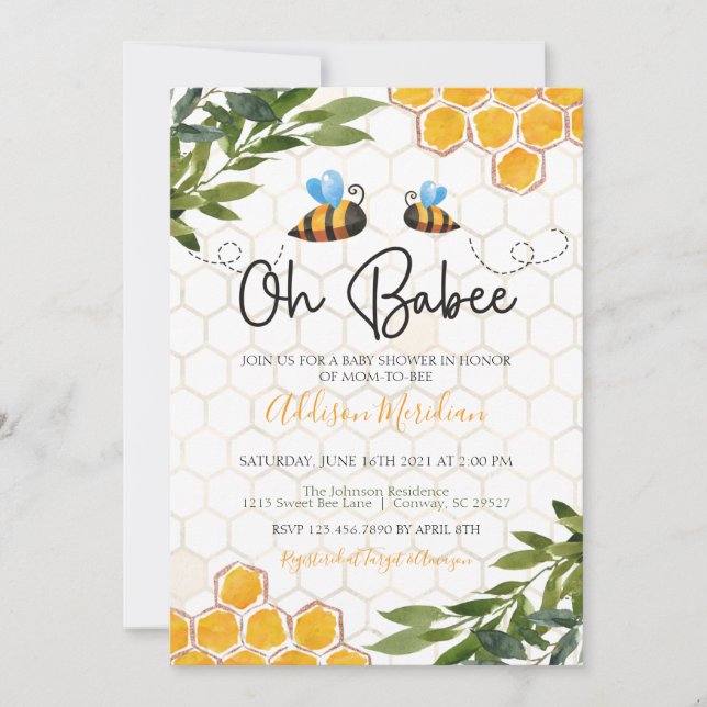 Bee Baby Shower Invitation, Oh Honey Babee Neutral Invitation (Front)