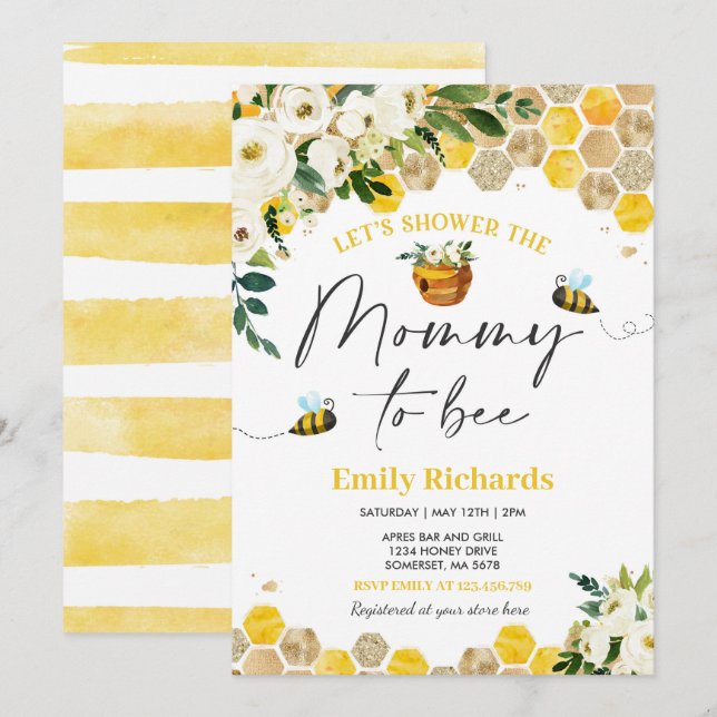 Bee Baby Shower Invitation Yellow Mummy To Bee (Front/Back)