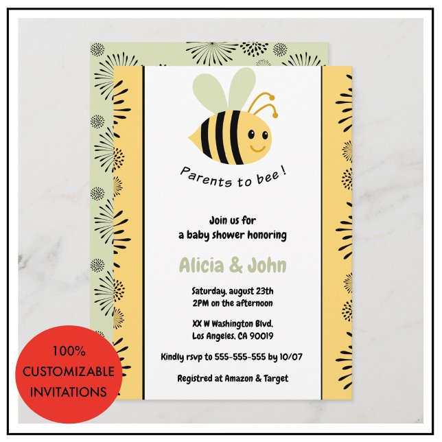 Bee baby shower invitations coed bumblebee (Bee baby shower invitations coed bumblebee gender neutral)